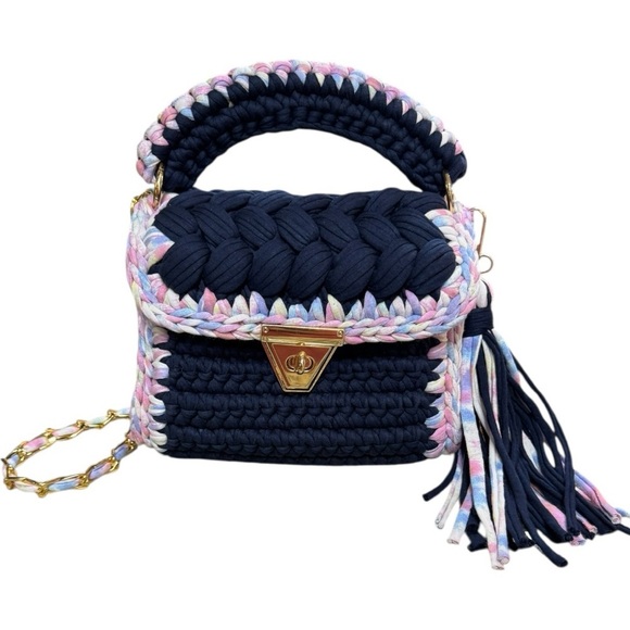 Handmade Boutique Handbags - New Handwoven Chunky Knit Crochet Bag Navy Pastel Crossbody Purse with Tassel